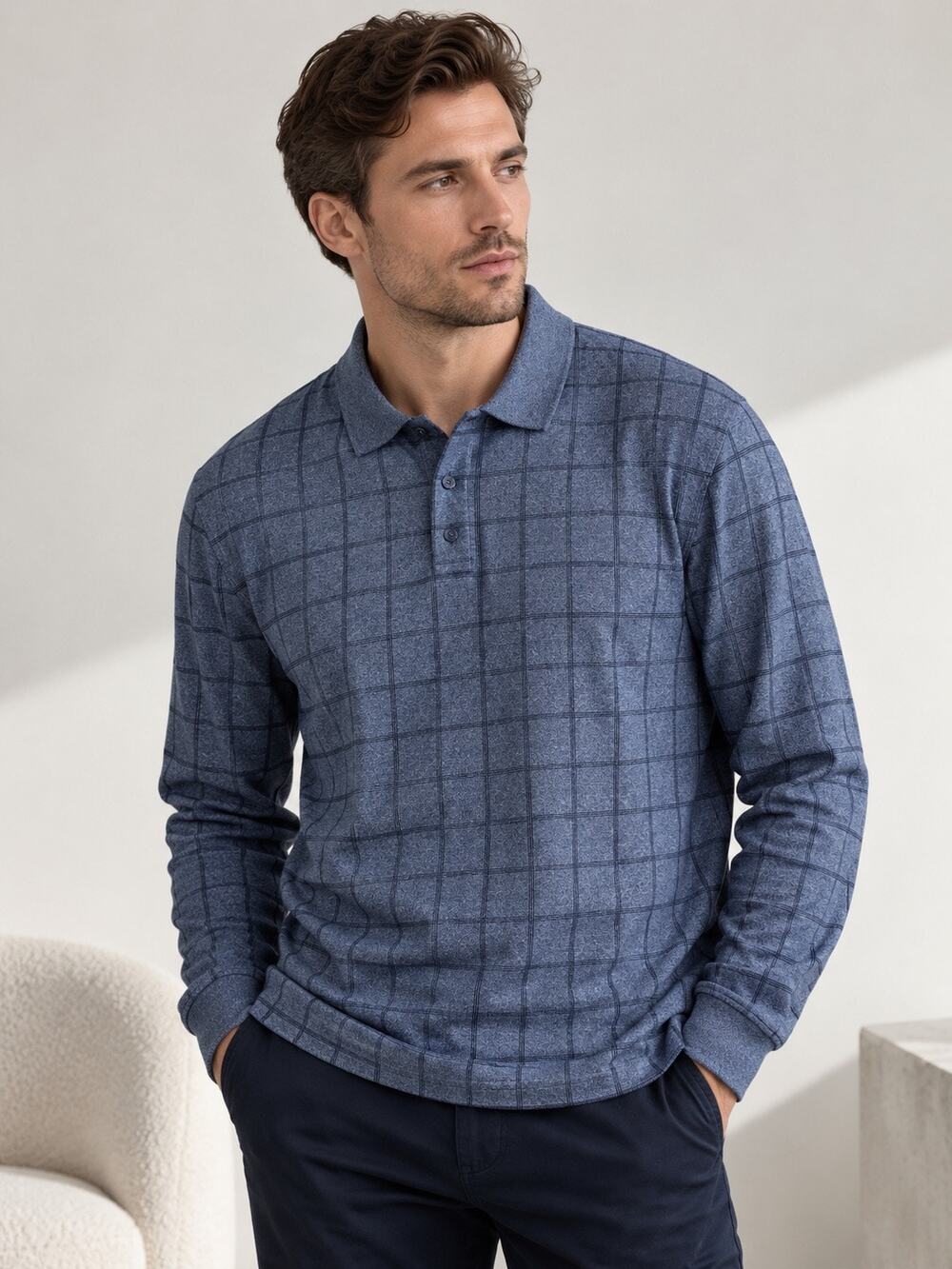 Arrow Men’s Long Sleeve Polo Shirt – Size Large – Gray Blue Windowpane Plaid